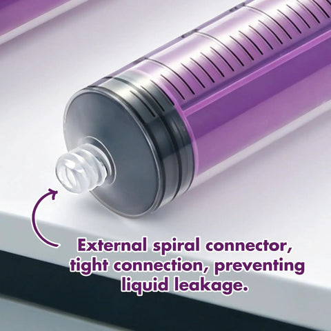 Close-up of the purple plunger and external spiral connector on the 8 Piece 60ML External Spiral Syringe Set With Purple Plunger And Sealing Screw Cap For Pet Feeding Lab Use And Liquid Dispensing Built Different Construction For Zero Sweat Accuracy.