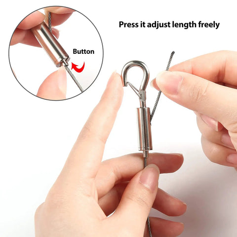 Built Like a Tank Adjustable Picture Hanging Wire Four Pack Features Heavy Duty Stainless Steel Cable for easy length adjustment.