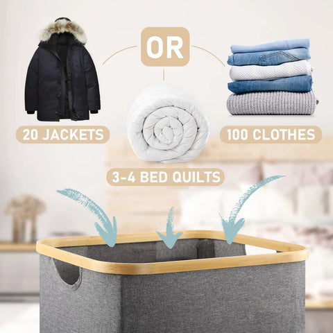 105 Liter Large Laundry Hamper With Handles, Collapsible Gray Laundry Baskets illustrating capacity with clothing items.