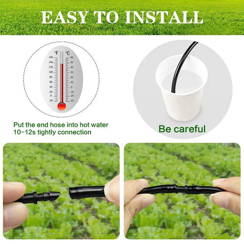Instructions for installing the Hundred Piece Drip Irrigation Barbed Couplings Set for One Quarter Inch Tubing with hot water.