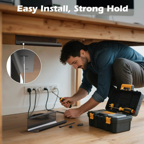 Man installing Under Desk Cable Management Tray Kit 26 Piece With Ventilated Hexagonal Design Includes Cable Clips Wire Ties Cord Holder And Screws For Office And Home Keeps Your Setup Neat Black under a wooden desk.