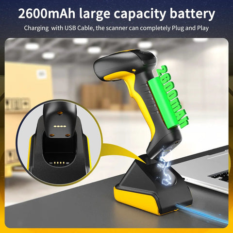 Rugged Industrial Bluetooth Barcode Scanner With QR And 2D And 1D Capability Workhorse 2600mAh Battery IP67 Waterproof on charging stand.