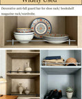 Anti Fall Metal Shelf Guard Rail Set For 16 Inch Protection with decorative dishes and organized shelves, silver enclosure visible.