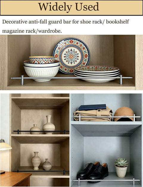 Anti Fall Metal Shelf Guard Rail Set For 16 Inch Protection with decorative dishes and organized shelves, silver enclosure visible.