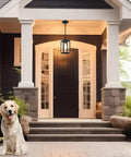 Top Shelf Build And 11 Inch Black Outdoor Pendant Light Comes Loaded With Smart Dusk To Dawn Sensor serving as a lantern above front porch.