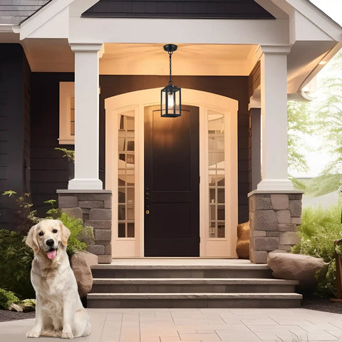 Top Shelf Build And 11 Inch Black Outdoor Pendant Light Comes Loaded With Smart Dusk To Dawn Sensor serving as a lantern above front porch.