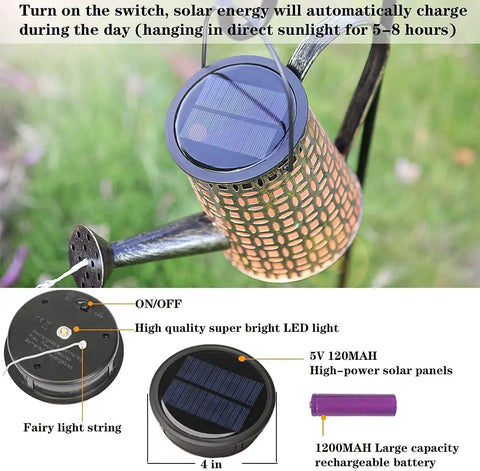 Waterproof Solar Watering Can Lights Outdoor Hanging Garden Decor For Yard Patio Lawn With Copper Rose Pattern showcasing solar panel and LED components