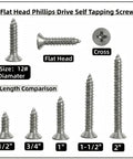 Heavy Duty Flat Head Phillips Self Tapping Screws In 304 Stainless Steel 18 8 Grade with size comparison from 1/2" to 2".