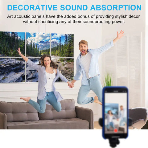 Couple jumping joyfully in front of decorative Heavy Duty Acoustic Wall Panels 72 By 48 Inch Sound Absorbing Room Divider Art Panel.