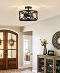Three Light Semi Flush Mount Ceiling Fixture In Black Metal Farmhouse Chandelier in elegant foyer setting