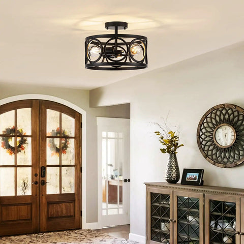 Three Light Semi Flush Mount Ceiling Fixture In Black Metal Farmhouse Chandelier in elegant foyer setting