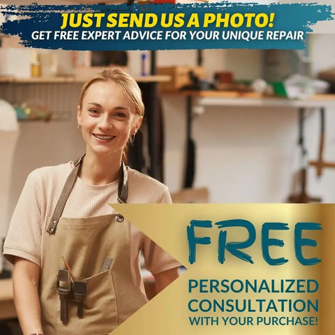 Smiling consultant in a workshop offering free personalized repair consultation, promoting service for floor and furniture repair kit.
