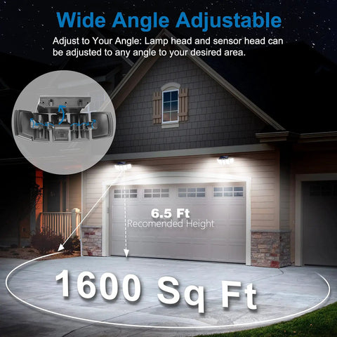 Cordless Solar Motion Sensor Lights Outdoor So Bright, 300 LED 6500K Flood Light With 5 Adjustable Heads lighting up garage front