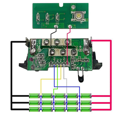 Heavy Duty 15 Cell 18650 Battery Cover Compatible With DeWalt 18V 20V Power Tools circuit board image with connections and battery layout.