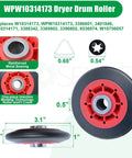 WPW10314173 Dryer Drum Roller, 3.1 inch, durable polymer, reinforced metal bearing for Upgraded Whirlpool Dryer Repair Kit With Hella Durable 4392067 Parts And Wpw10314173 Drum Rollers Rock Solid Polymer Construction For Smooth Daily Operation.