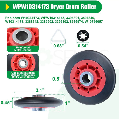 WPW10314173 Dryer Drum Roller, 3.1 inch, durable polymer, reinforced metal bearing for Upgraded Whirlpool Dryer Repair Kit With Hella Durable 4392067 Parts And Wpw10314173 Drum Rollers Rock Solid Polymer Construction For Smooth Daily Operation.