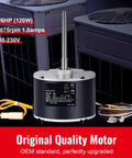 Condenser Fan Motor 1/6 HP 208 To 230V 1075 RPM Reversible OEM Standard Replacement shown with wiring and capacitor