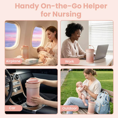 Portable Breast Milk Storage Bottle Smart Temperature Display 20 Oz Insulated Chiller Pink in airplane, work, car, and outdoor settings.
