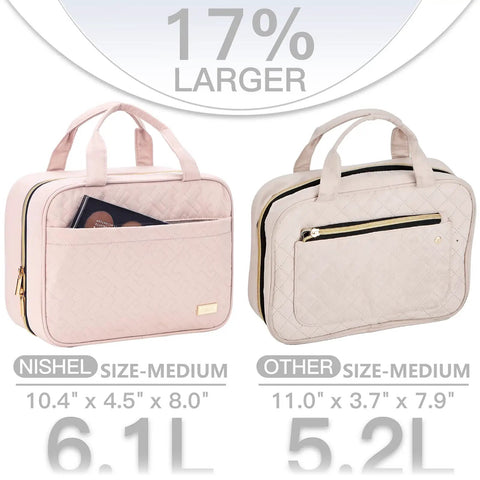 Travel Toiletry Bag For Women, Hanging Organizer, Medium Pink, Compact 10.4 by 4.5 by 8 Inches, size comparison with another bag