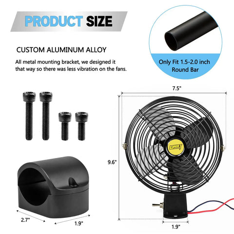 Overhead 6 Inch UTV Cooling Fan With 12V Power For Roll Cage Mount Fits Polaris RZR Can Am Maverick X3 Dimensions and Parts