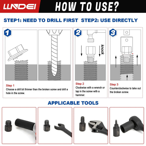 Instructions for using Heavy Duty Screw Extractor Set For Damaged Screws And Stripped Bolts 25 Piece CR MO MultiSpline EZ Out Style.