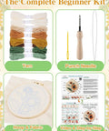 Beginner Punch Needle Kit With Hoop Needle Yarn And Fabric Pattern Including Step By Step Video Guide All In One Grab And Go DIY Embroidery Set For Women And Teens Easy To Use Craft Gift; includes yarn, punch needle, hoop with fabric pattern, video guide.