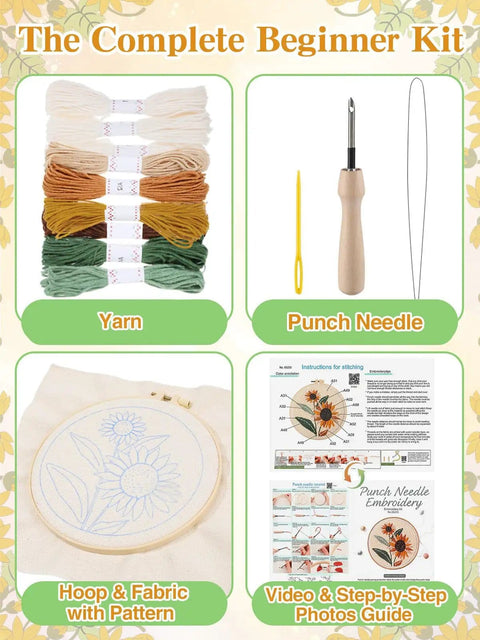 Beginner Punch Needle Kit With Hoop Needle Yarn And Fabric Pattern Including Step By Step Video Guide All In One Grab And Go DIY Embroidery Set For Women And Teens Easy To Use Craft Gift; includes yarn, punch needle, hoop with fabric pattern, video guide.