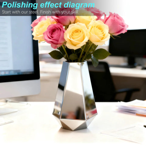 Two Vase Welding Practice Kit For Beginners with polished mild steel vase on desk, flowers inserted, showcasing final product.