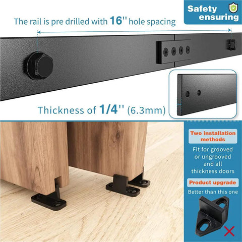 Close-up of Smooth Riding Single Track Bypass Sliding Barn Door Hardware Kit For Two Doors showing pre-drilled rail and supports.