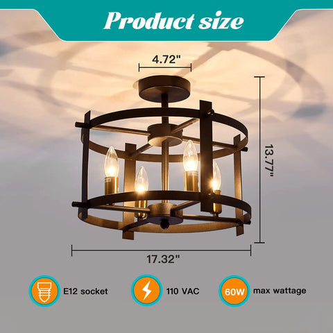 Dope Industrial Semi Flush Mount Ceiling Light With Four Lights Modern Metal Fixture size details diagram