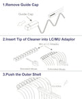VANDESAIL LC fiber cleaner pen; step-by-step diagram for cleaning LC/MU adapters.