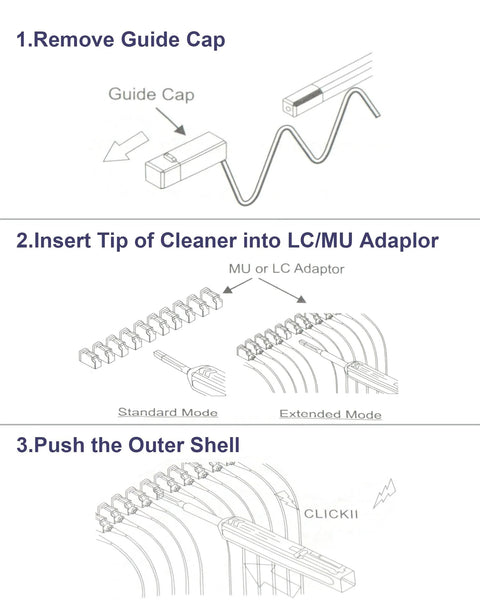 VANDESAIL LC fiber cleaner pen; step-by-step diagram for cleaning LC/MU adapters.