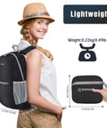 Ultra Lightweight 20L Packable Hiking Backpack For Men And Women worn by woman, showing compact folded size, black color, daypack