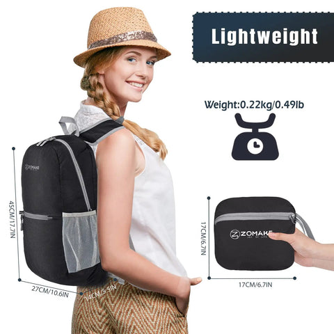 Ultra Lightweight 20L Packable Hiking Backpack For Men And Women worn by woman, showing compact folded size, black color, daypack