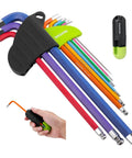 Long Arm Ball End Hex Key Set 9pc Metric Allen Wrenches with T Handle, color coded, shown in hand for bicycle repairs