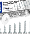 Top Shelf Number 8 White Wood Screws Assortment With Truss Head Design, 170 Piece Carbon Steel Set in clear storage box.