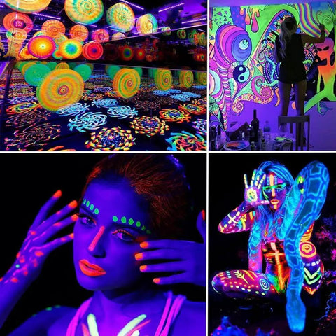 Various neon artworks and body paint designs illuminated by 30W Black Light Bar With 30 LEDs Black Light Flood Light at a party.
