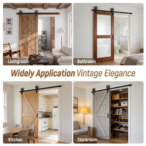 7.5Ft Heavy Duty Sliding Barn Door Hardware Kit With Quiet Smooth Operation for 45 Inch Door Panels shown in different rooms.