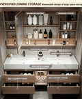 Top Tier Double Sink Bathroom Vanity Made From Solid Wood Featuring Integrated Ceramic Sink And Built In LED Defogging Mirror For A No Fuss Super Slick Morning Routine, showcasing diverse storage solutions.