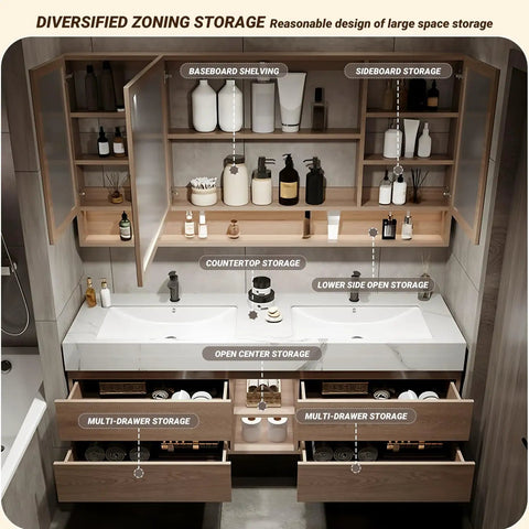 Top Tier Double Sink Bathroom Vanity Made From Solid Wood Featuring Integrated Ceramic Sink And Built In LED Defogging Mirror For A No Fuss Super Slick Morning Routine, showcasing diverse storage solutions.