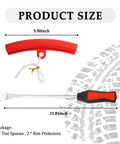 Heavy Duty Tire Spoon Lever Tool Set With 3 Spoons And 2 Rim Protectors showing dimensions and steel construction