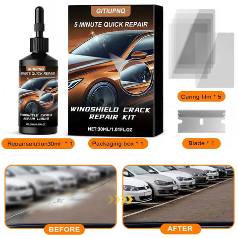 5 Minute Windshield Crack Repair Kit For Chips And Cracks, Pro Grade Auto Glass Rock Chip Repair Tool with resin bottle, blade, films