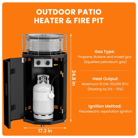 Outdoor Patio Heater And Smokeless Fire Pit 2 In 1 Propane Heater With 56,000 BTU for Backyard Hangouts with open panel view