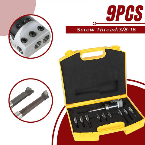 Nine Piece One Half Inch Carbide Boring Bar Set With MT2 Handle And Three Eighths Inch Sixteen Thread Two Inch Boring Bars