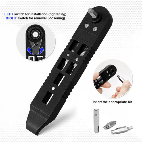 All In One 14 In 1 Bike Multitool with tire levers, mini ratchet wrench, visible switch instructions, and interchangeable bits.