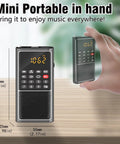Pocket Mini FM Radio And MP3 Player With USB TF Card Support being held in hand, showing size and display