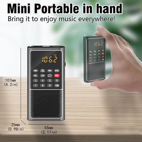 Pocket Mini FM Radio And MP3 Player With USB TF Card Support being held in hand, showing size and display