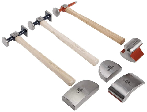 7 Piece Auto Body Hammer And Dolly Set For Dent Repair Built With Flame Treated Hickory Handles And Highly Polished Dollys