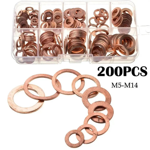 Killer Flat Copper Washers And Gasket Kit With Heavy Duty Bolts And Nuts Size M8 To M14 Fits Car Sump Plug Oil Drain Easily And Securely Heat Proof Construction Ensures Reliability For Mechanic Guys Doing Home Garage Projects At Low Cost, 200pc M5-M14 copper washer assortment in organizer case