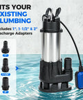 Real Deal Heavy Duty Submersible Sewage Pump With Rock Solid Stainless Steel Build Moving 2900 GPH with discharge adapters.
